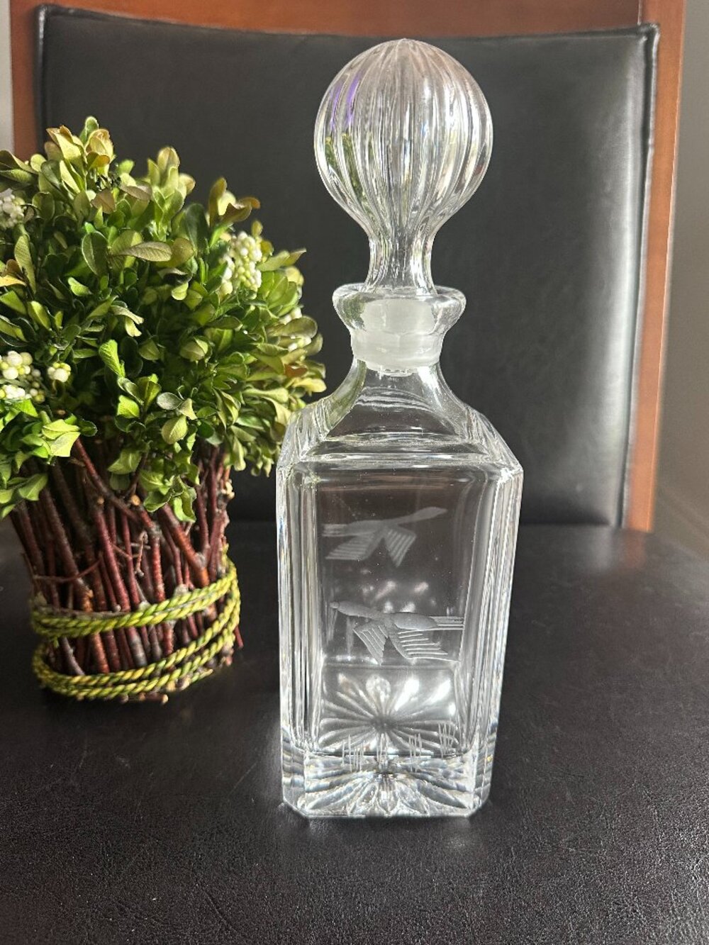 Lenox Crystal Liquor Decanter "Etched Pheasant in Flight" Motif-Rectangle 1980s